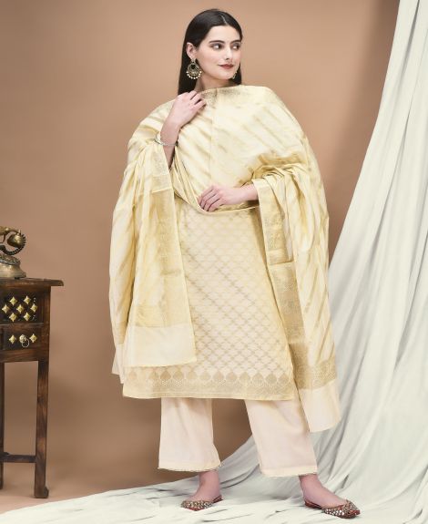 Shree Women Cotton Jacquard Beige Woven Kurta Comfort Pant Dupatta