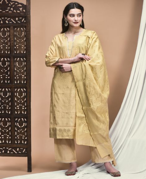 Shree Women Jacquard Beige Woven Kurta Comfort Pant Dupatta