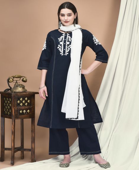 Shree Women Linen Navy Blue Embroidered Kurta Comfort Pant Dupatta
