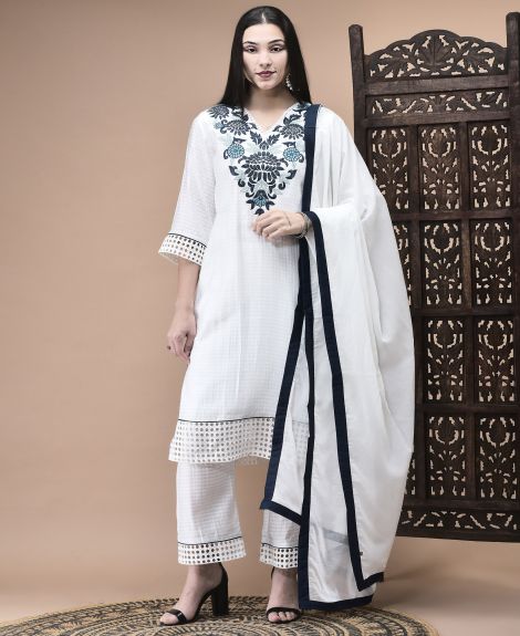 Shree Women Viscose White Embroidered Kurta Comfort Pant Dupatta