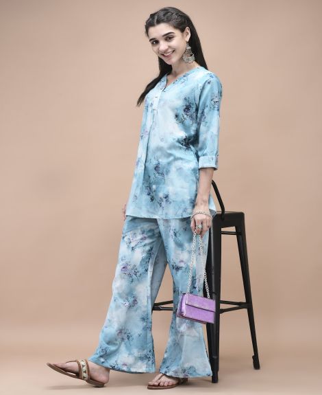 Shree Women Linen Blue Texture Print Co-Ord Set