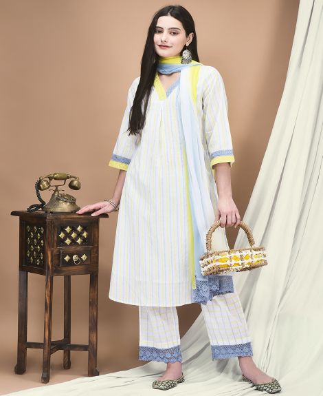 Shree Women Cotton White Stripe Print Kurta Comfort Pant Dupatta