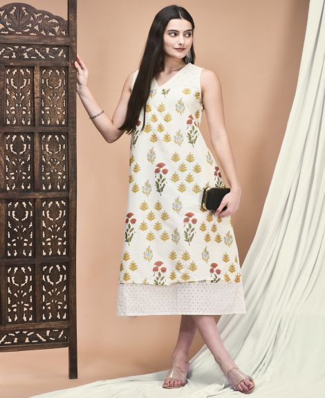 Shree Women Cambric Off White Jaipur Motifs Print Dress
