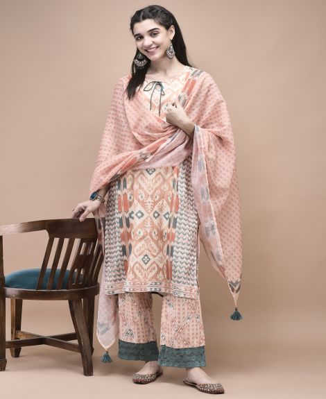 Shree Women Linen Orange Ikat Print Kurta Comfort Pant Dupatta