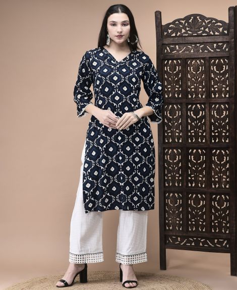 Shree Women Liva Blue Geometric Print Kurta
