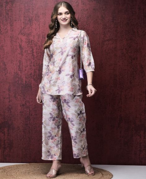 Shree Women Khadi Silk Lilac Multi color Floral Print Co-Ord Set