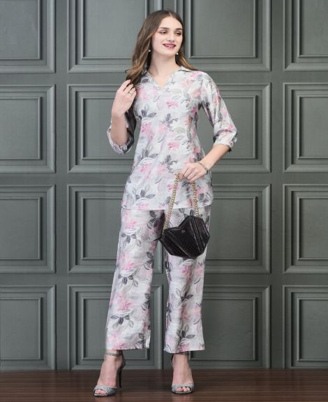 Shree Women Khadi Silk Sage Green Multi color Floral Print Co-Ord Set