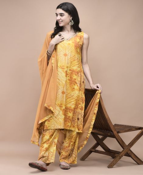 Shree Women Liva Mustard Tie Dye Print embroidered Kurta Comfort Pant Dupatta