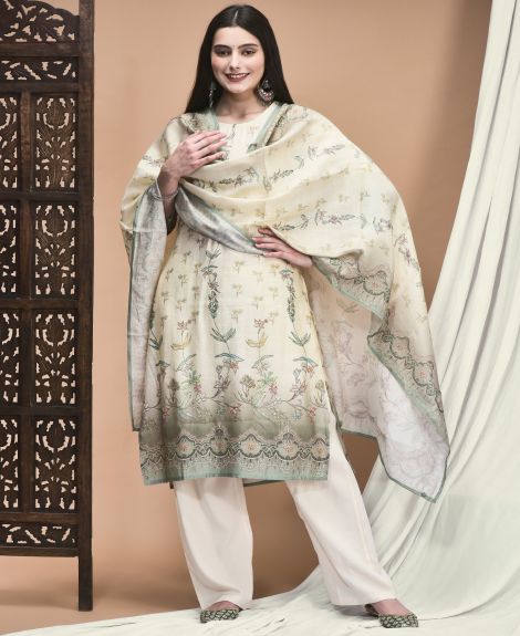 Shree Women Silk Blend Off White Floral Print Kurta Comfort Pant Dupatta