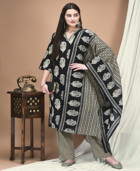 Shree Women Cotton Black Printed Kurta Comfort Pant Dupatta