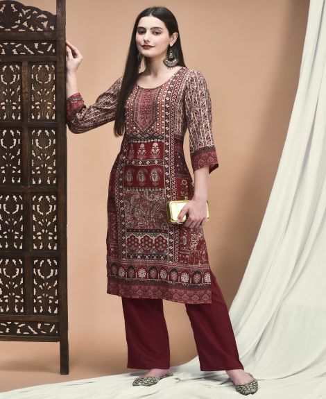 Shree Women Liva Maroon Ornamental Print Kurta With Comfort Pant
