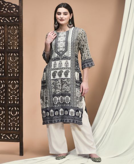 Shree Women Liva Grey Ornamental Print Kurta With Comfort Pant