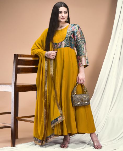 Shree Women Jacquard Mustard Woven Dress With Dupatta