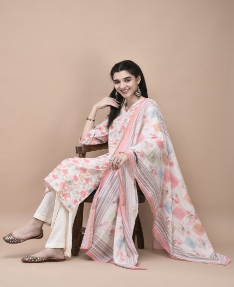 Shree Women Linen Peach Multi color Floral Print Kurta Comfort Pant Dupatta