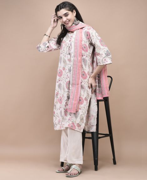 Shree Women Linen Multicolor Calico Print Kurta Comfort Pant Dupatta