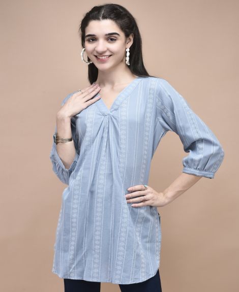 Shree Women Cotton Blue Yarn Dyed Tunic