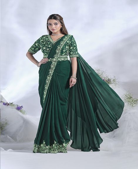 Women's Embroidered V-Neck Satin Silk Saree | Green