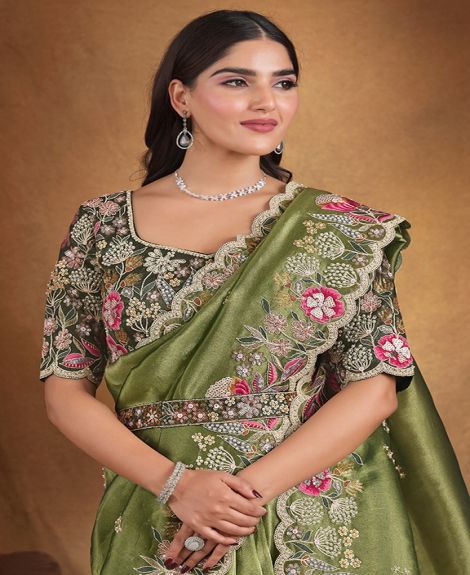 Women's Embroidered Raw Silk Saree with Floral Design | Olive