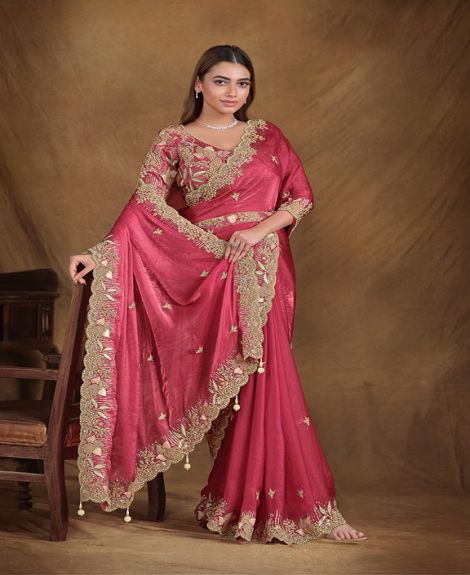Women's Embroidered Satin Silk Saree with Malai Satin Blouse | Pink