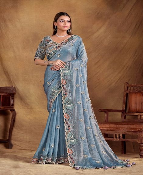 Women's Embroidered Satin Silk Saree with Designer Blouse | Light blue