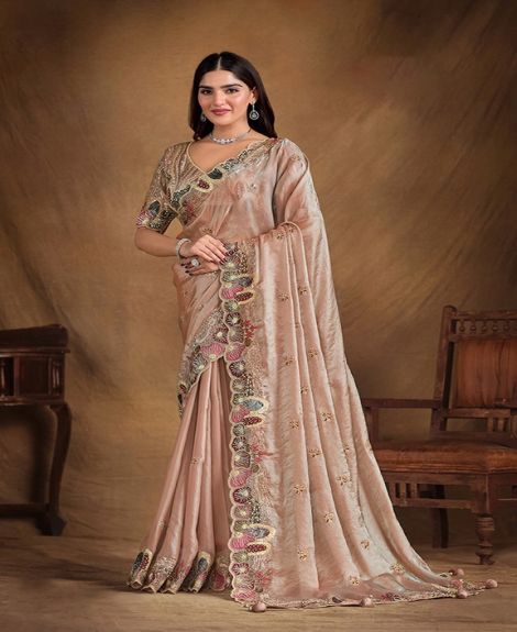 Women's Embroidered Satin Silk Saree with Half Sleeves | Peach