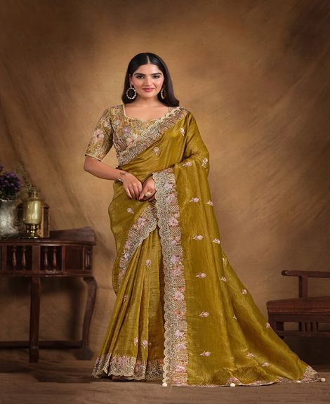 Women's Embroidered Paper Silk Saree with Japan Satin Blouse | Mehndi