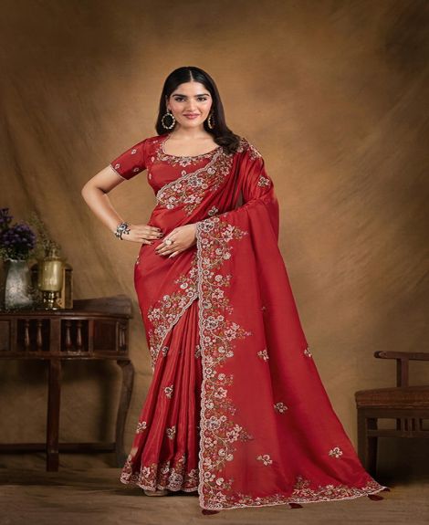 Women's Embroidered Upada Silk Saree | Red