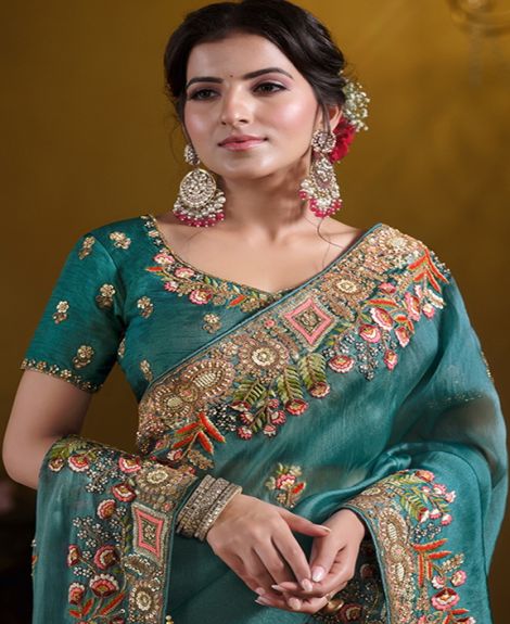 Women's Embroidered Viscose Silk Satin Saree with Short Sleeves | Teal Blue