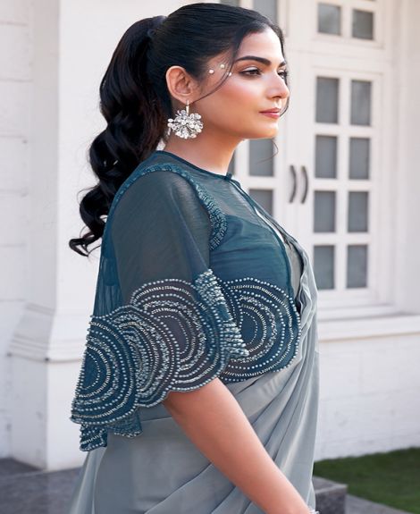 Women's Embellished Cape Sleeve Satin Saree | Dusty Grey
