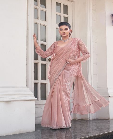 Women's Embroidered Satin Silk Saree with Sheer Jacket | Peach