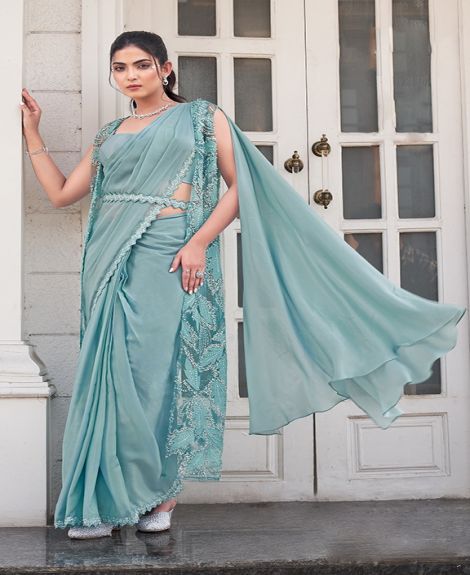 Women's Embellished Satin Silk Saree | Sea Green