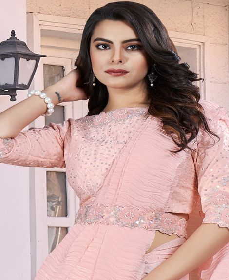 Women's Embellished Satin Silk Saree with Scalloped Hem | Light Peach