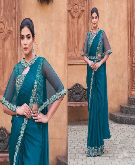 Women's Embroidered Crepe Satin Silk Saree with Malai Satin Blouse | Teal Blue
