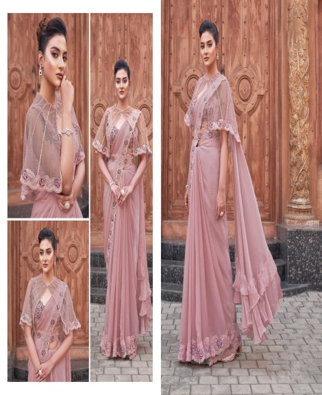 Women's Two Tone Satin Silk Ready to Wear Saree with Embroidered Cape | Pink