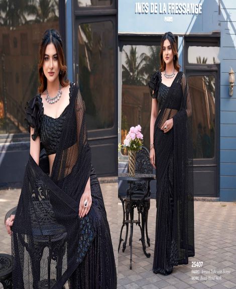 Women's Armani Tulle Saree with Beads Hand Work | Black