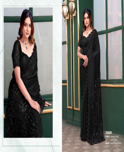 Women's Armani Tulle Saree with Beads Hand Work | Black