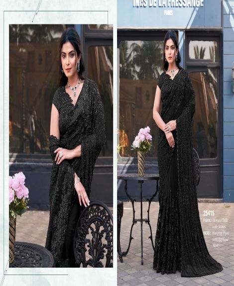 Women's Armani Tulle Saree with Stones and Appliqué Work | Black