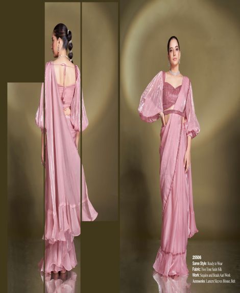 Women's Lantern Sleeve Satin Silk Saree with Beads Aari Work | Baby Pink