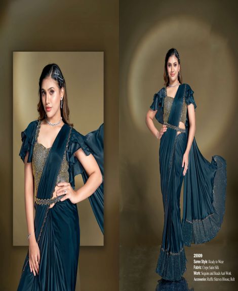 Women's Crepe Satin Silk Saree with Ruffle Sleeves Blouse and Sequins Work | Teal Blue