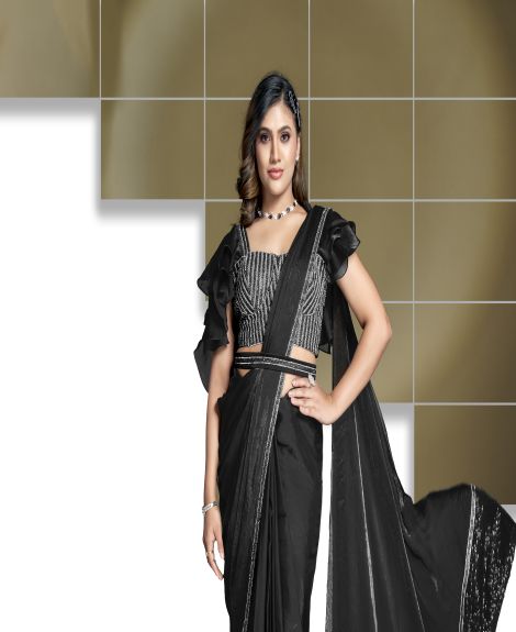 Women's Ruffle Sleeve Blouse with Two Tone Satin Silk Saree | Black