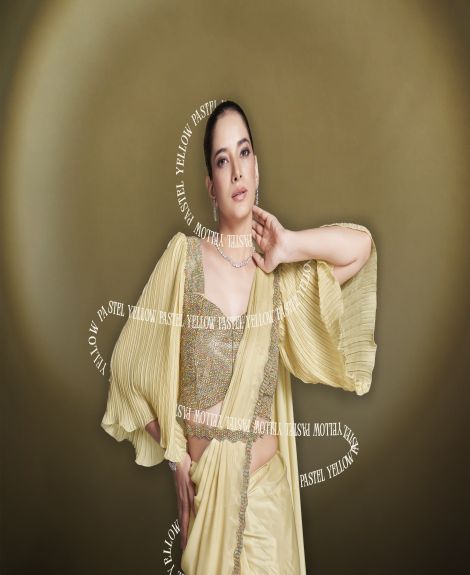 Women's Ready to Wear Saree with Flared Bell Sleeves Blouse and Belt | Yellow