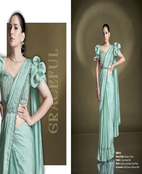 Women's Ready to Wear Saree with Ruffle Sleeves and Beads Aari Work | Sea Green