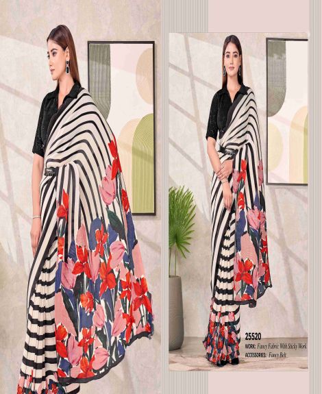 Women's Floral Striped Satin Silk Saree | White & Black
