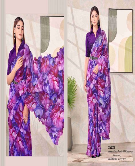 Women's Floral Embroidered Satin Silk Saree | Purple
