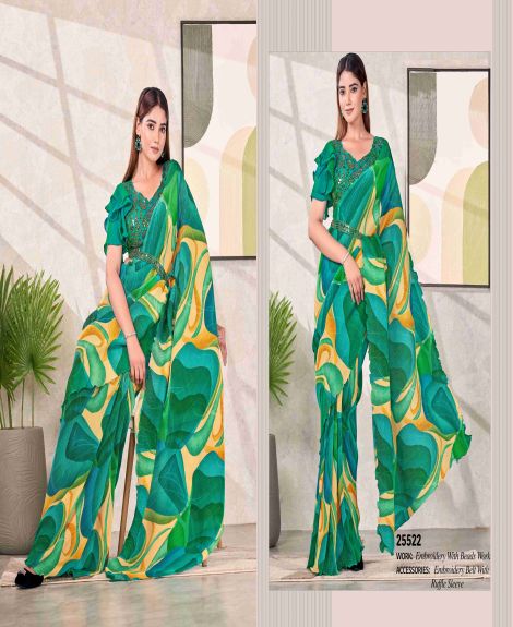 Women's Embroidered Ruffle Sleeve Saree | Green, Chiku