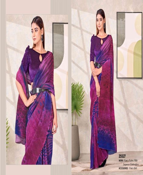 Women's Embroidered Satin Silk Saree with Keyhole Blouse | Purple