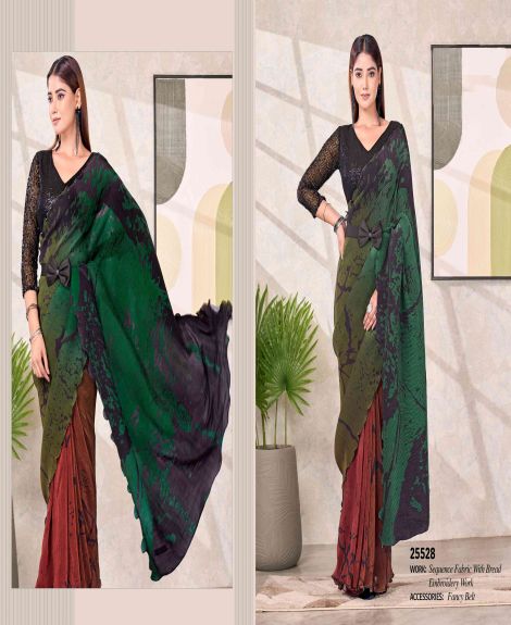 Women's Embroidered Ready to Wear Saree with Fancy Belt | Black