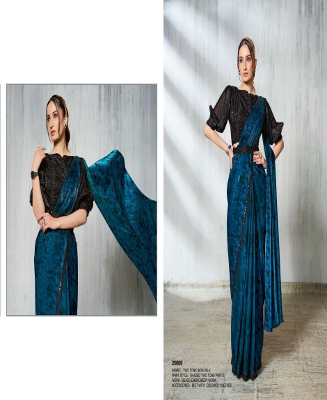 Women's Two Tone Satin Silk Saree with Embroidery and Beads Work | Rama