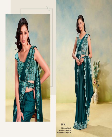 Women's Embroidered Semi Ready-to-Wear Saree with Designer Belt | Sea Green