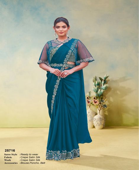 Women's Ready to Wear Crepe Satin Silk Saree with Embroidered Poncho Blouse | Teal Blue